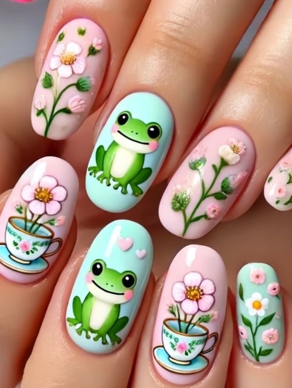 Cute Frog & Floral Nail Art - Pink & Mint Press On Nails